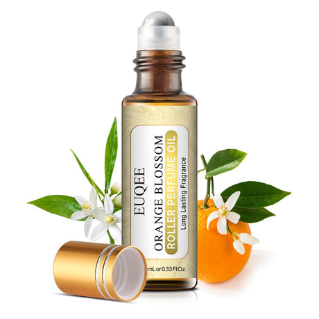 EUQEE Orange Blossom Roller Perfume Oil with orange and green leaves on a white background