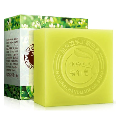 Green bar of soap with packaging featuring BIOAQUA branding on a white background