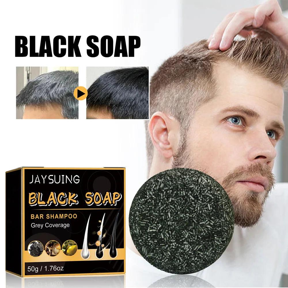 Black soap bar with packaging and a man using it on his hair.