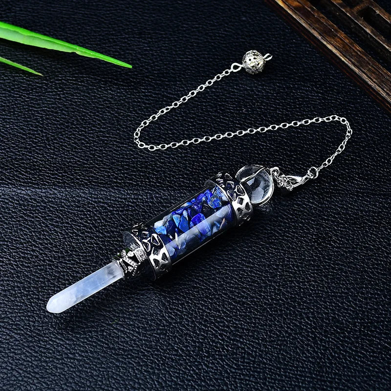 Crystal necklace with blue stones on a dark surface