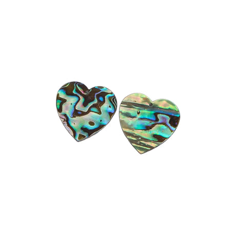 Heart-shaped abalone shell earrings on a white background