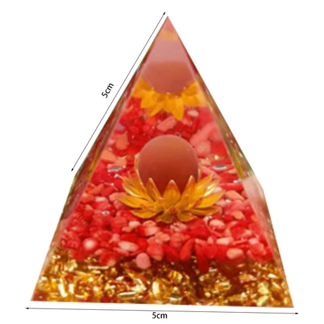 Triangular pyramid with red and gold interior design, labeled with dimensions.