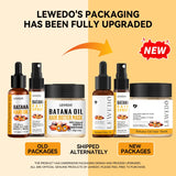 Comparison of Lewedo's old and new packaging for hair care products on a beige and orange background.