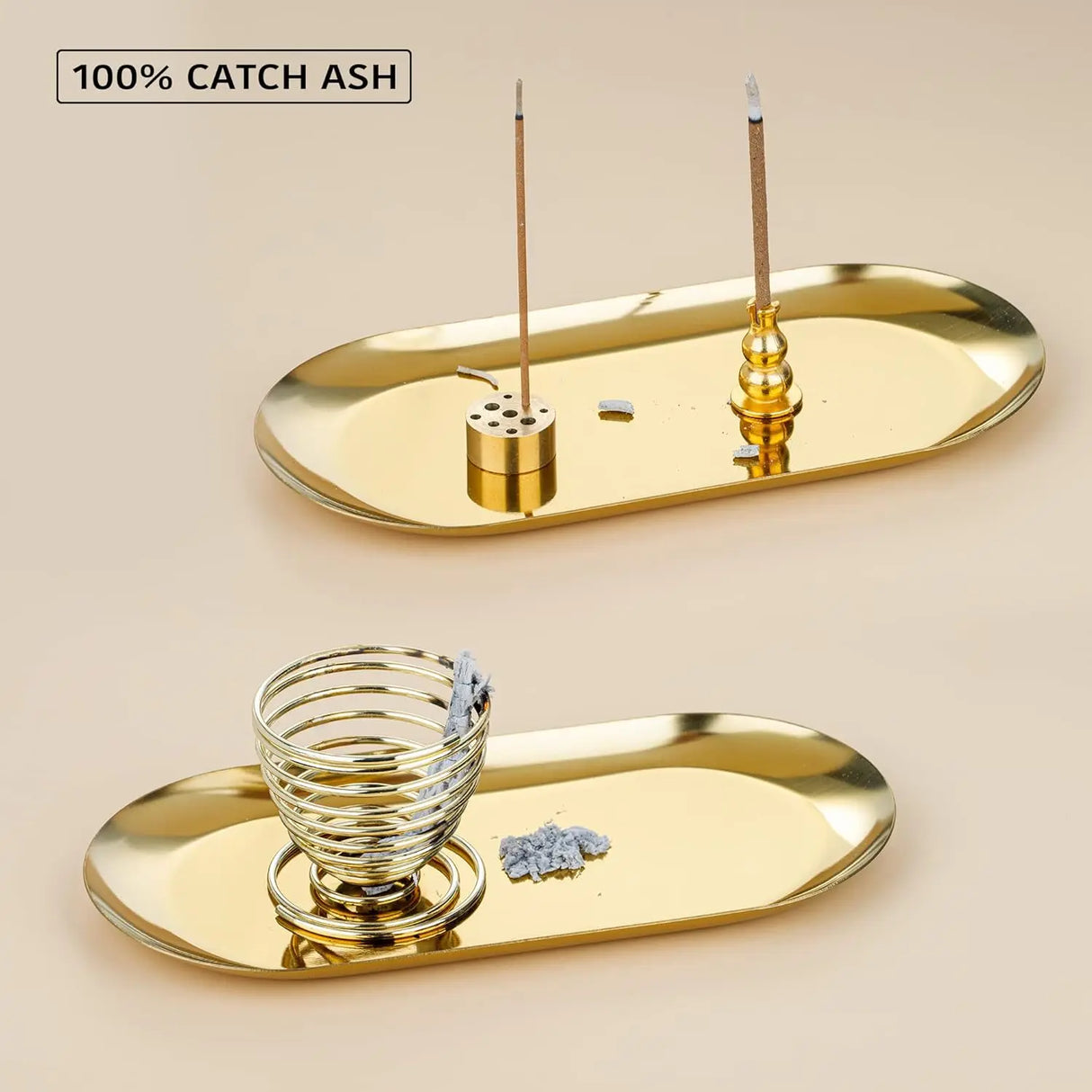 Gold incense holder with two incense sticks on a beige background