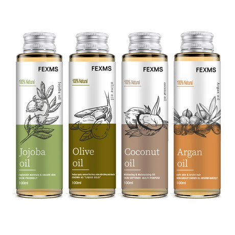 Four bottles of FEXMS natural oils with labels for Jojoba, Olive, Coconut, and Argan oils on a white background.
