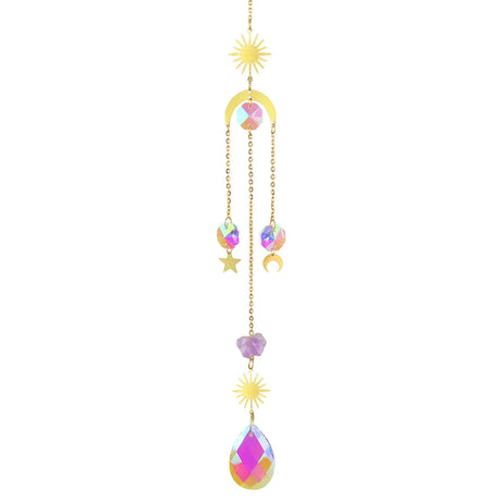 Decorative hanging chain with colorful crystal pendants on a white background