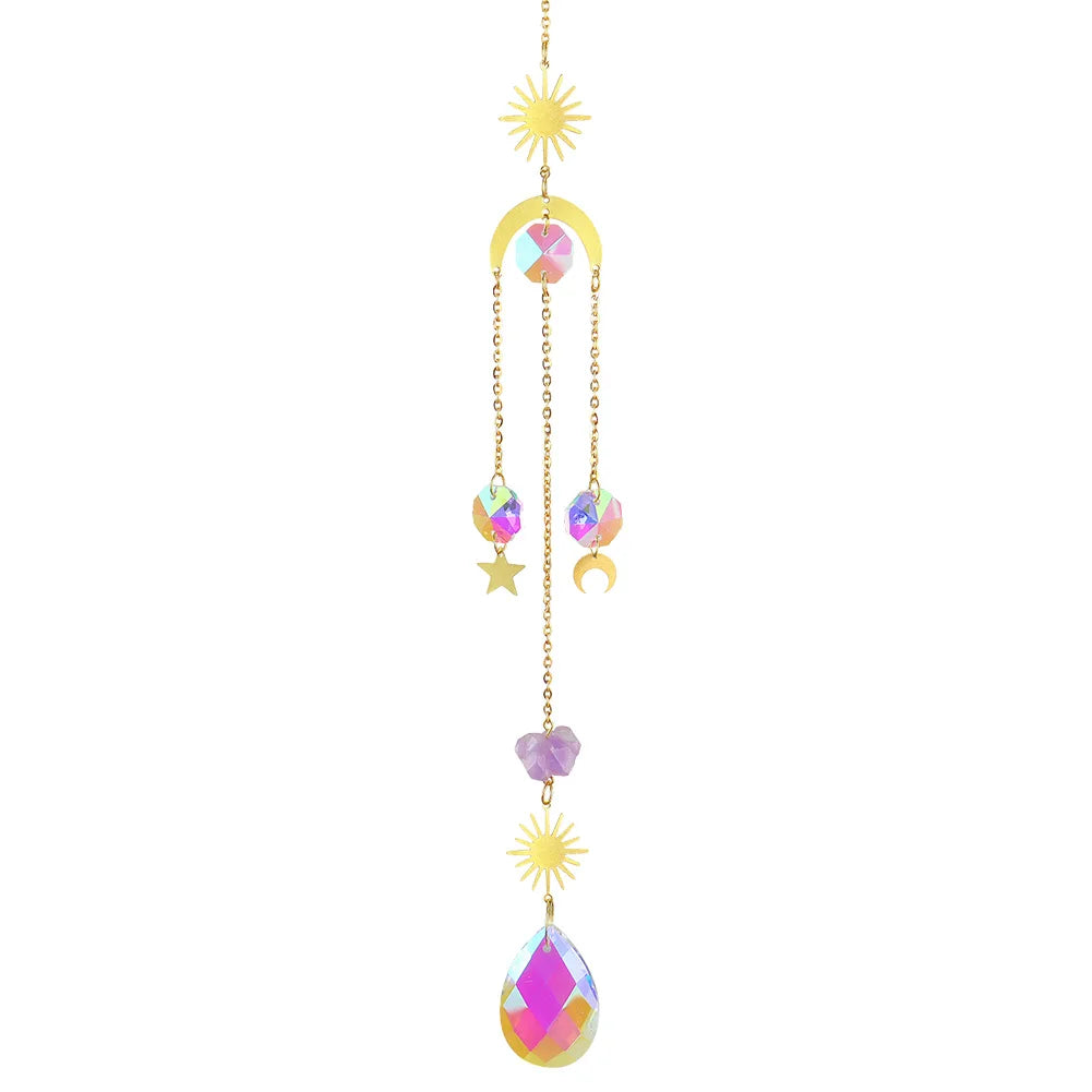 Decorative hanging chain with colorful crystal pendants on a white background