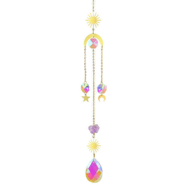 Decorative hanging chain with colorful crystal pendants on a white background