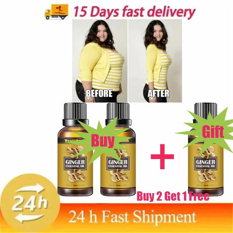 Advertisement for Ginger Essential Oil with 'Before' and 'After' images of a woman, product packaging, and promotional text.