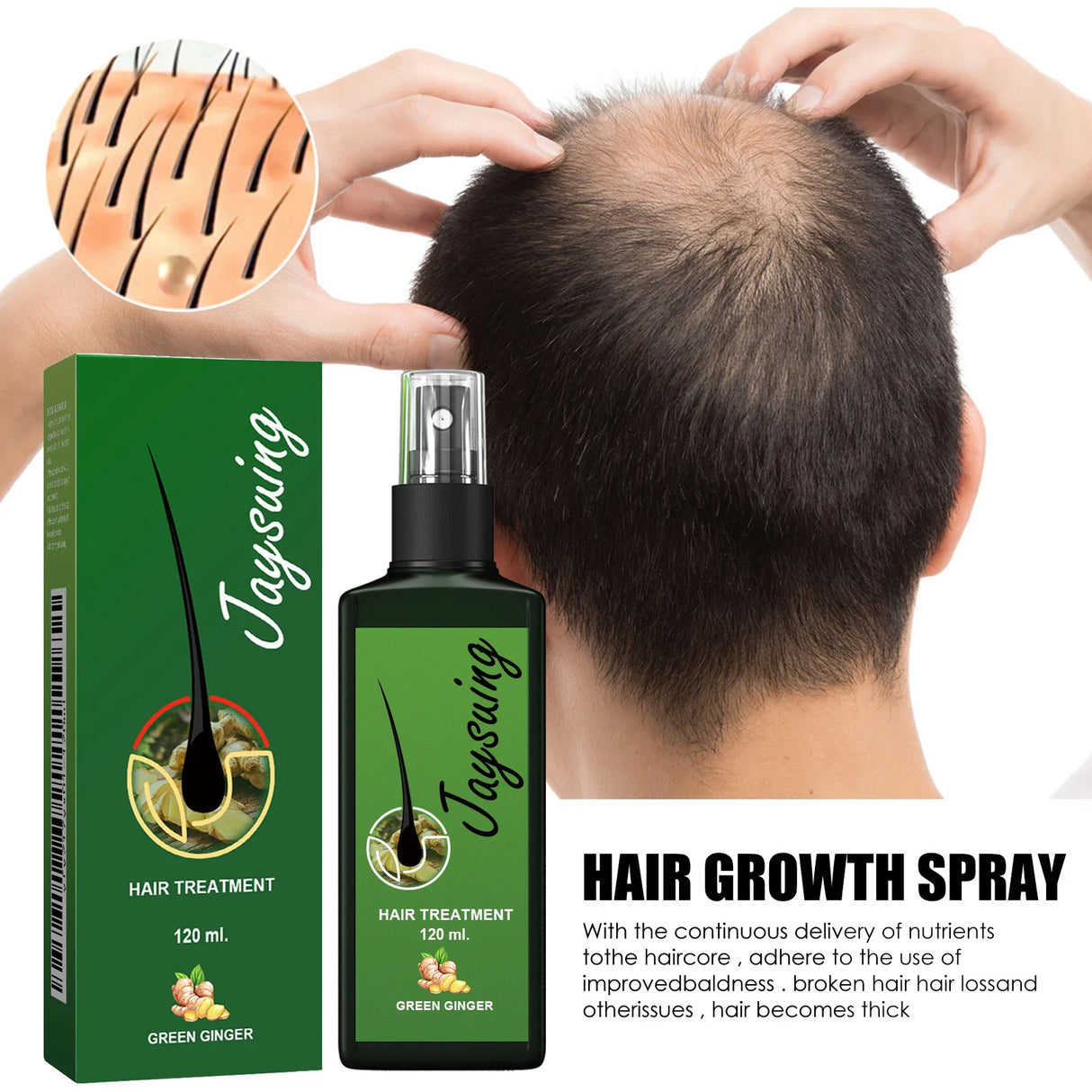 Hair growth spray with packaging and a person using it on their head.