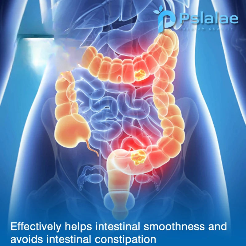 An illustration of a human digestive system with a focus on intestines, featuring the brand 'Pslalae'.
