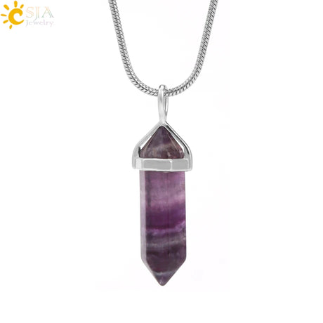 Purple crystal pendant necklace on a white background