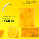 Yellow lemon soap with lemon slices on a yellow background