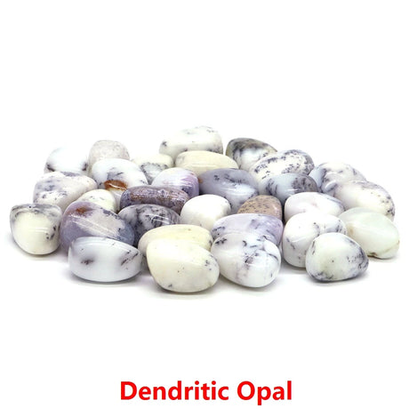 Dendritic opal stones on a white background with 'Dendritic Opal' text.