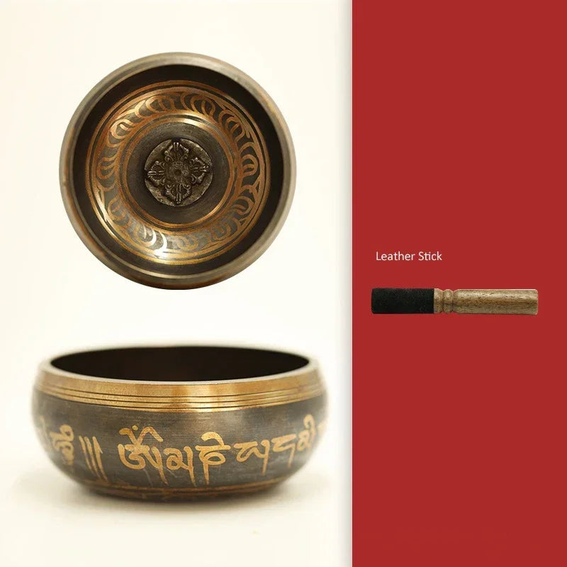 Tibetan singing bowl set with decorative elements on a white and red background