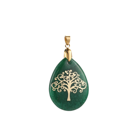 Green teardrop pendant with gold tree design on a white background