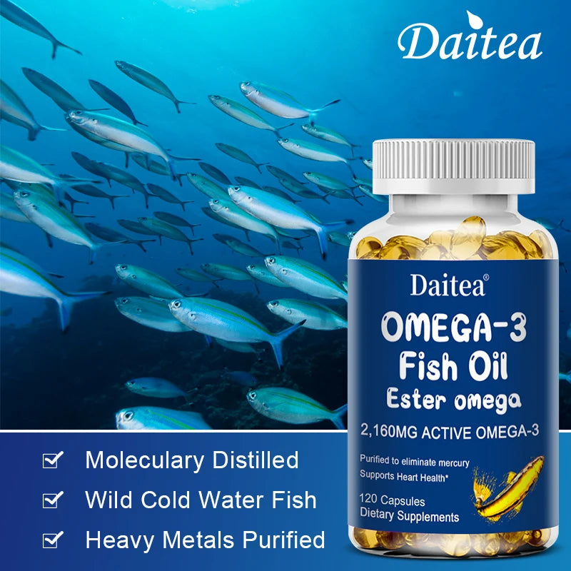 Daitea Omega-3 Fish Oil Ester omega supplement bottle with fish underwater background