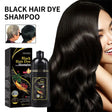 Black hair dye shampoo with packaging, bottle, and a woman with black hair.