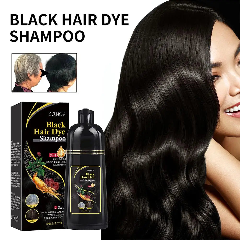 Black hair dye shampoo with packaging, bottle, and a woman with black hair.