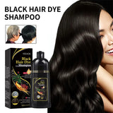 Black hair dye shampoo with packaging, bottle, and a woman with black hair.