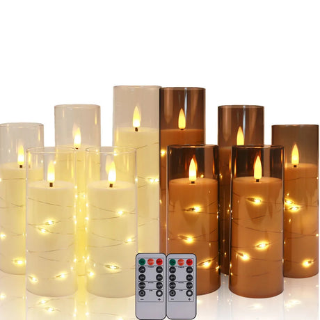 Set of LED candles with remote controls on a white background