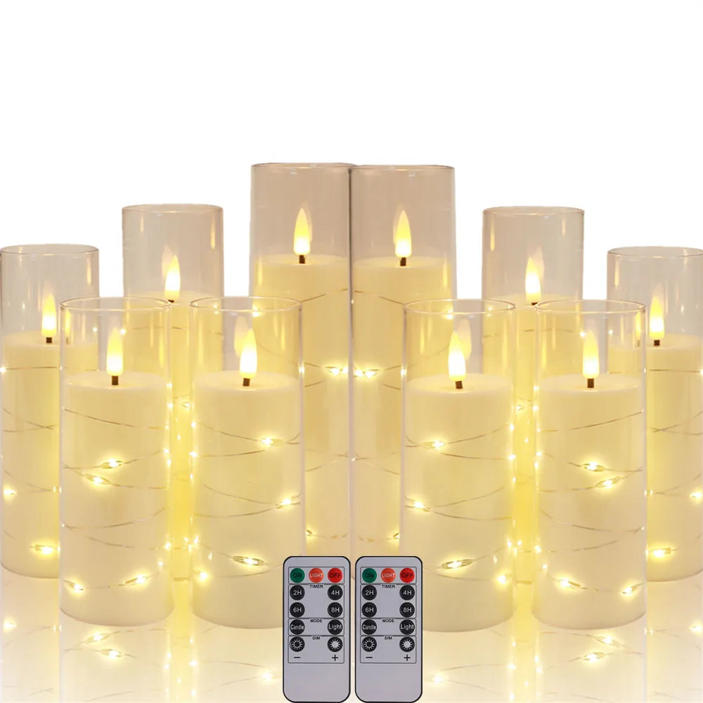 Set of LED candles with remote control on a white background