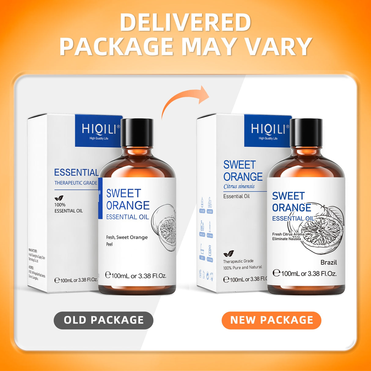 Comparison of old and new packages of Hiqili Sweet Orange essential oil on an orange background.
