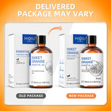 Comparison of old and new packages of Hiqili Sweet Orange essential oil on an orange background.