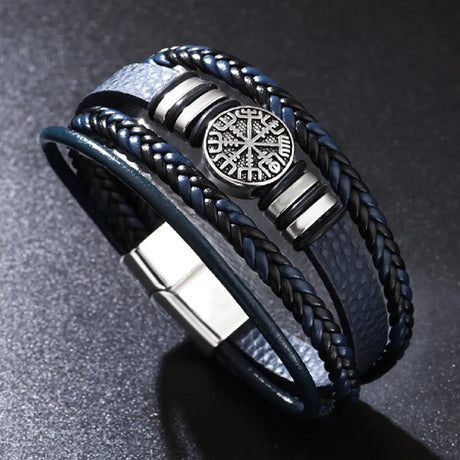 Multistrand leather bracelet with metal clasp on a dark background