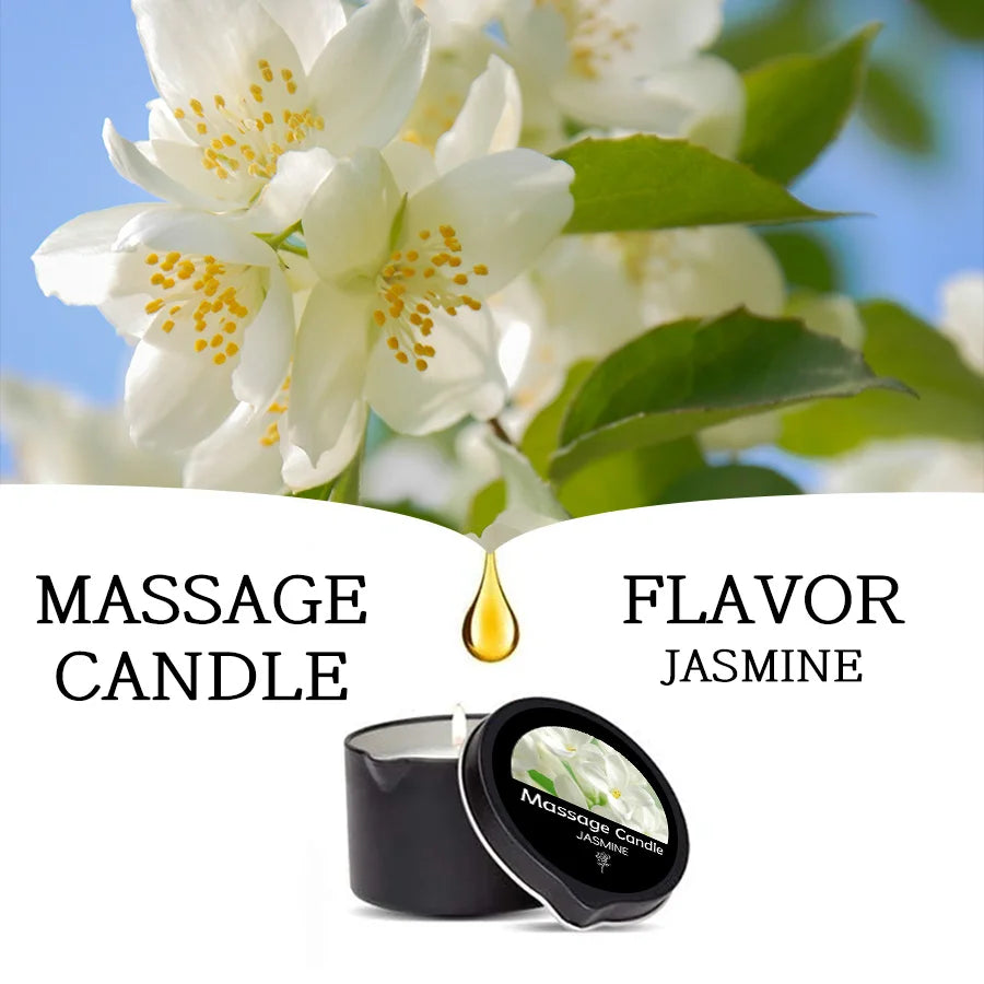 Massage candle with jasmine flavor and jasmine flowers in the background