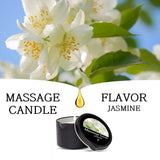 Massage candle with jasmine flavor and jasmine flowers in the background