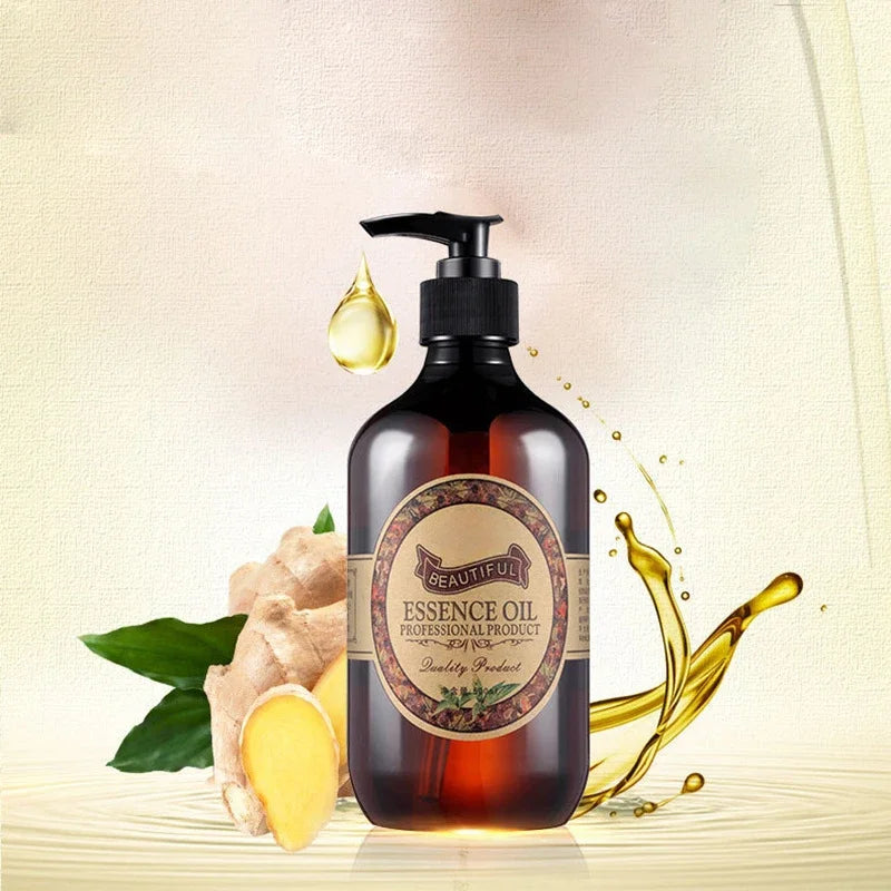 Bottle of essence oil with a label on a light background