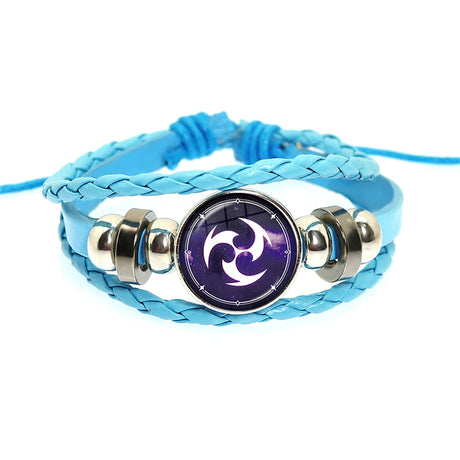 Blue braided bracelet with a purple circular emblem featuring a white symbol on a white background