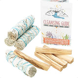 Two bundles of sage sticks and three sticks of palo santo with a cleansing guide on a white background.