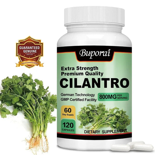 Buporai Cilantro supplement bottle with cilantro leaves on a white background
