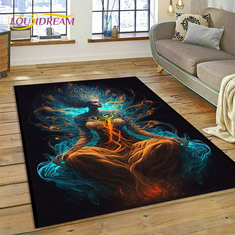 Colorful abstract rug on a wooden floor with a modern living room setting.