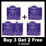 Four bars of AILYE Double Glutathione Soap Plus with a promotional text overlay on a white background.