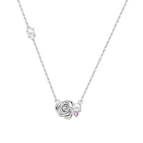 Silver necklace with a rose-shaped pendant and pink gemstone on a white background