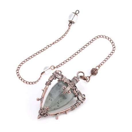 Necklace with a green teardrop pendant and rose gold chain on a white background