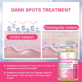 Glutathione collagen supplement for dark spot treatment with text and graphics on a pink and white background.
