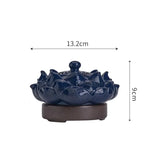 Blue ceramic lotus flower incense burner with dimensions on a white background