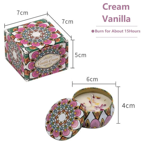 Vanilla cream candle in a decorative tin with measurements and product details.
