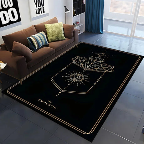 Black rug with white design in a living room setting