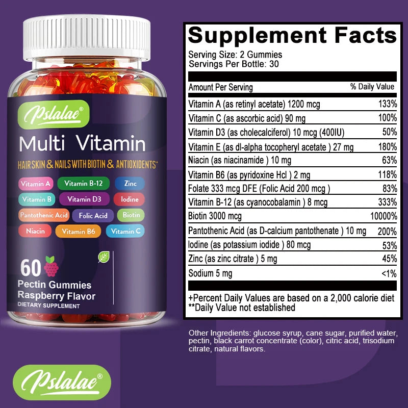Pstatae Multi Vitamin bottle with supplement facts on a purple background