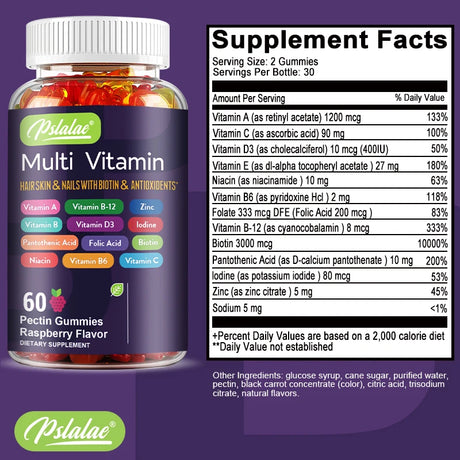 Pstatae Multi Vitamin bottle with supplement facts on a purple background