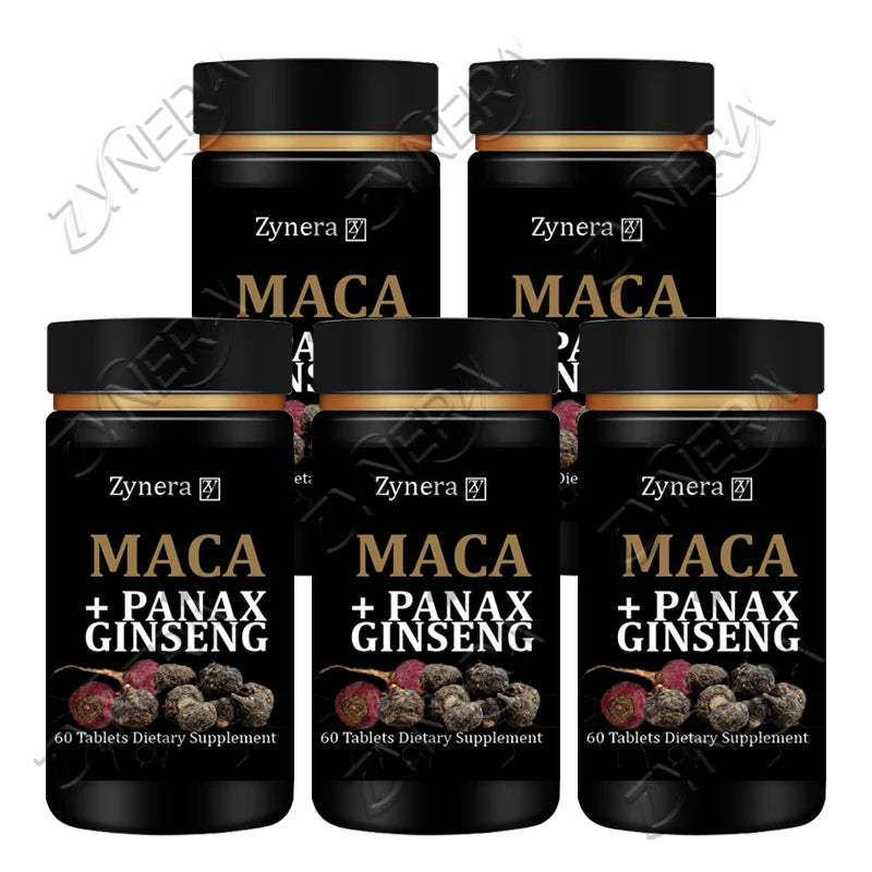 Five bottles of Zynera Maca + Panax Ginseng supplements on a white background