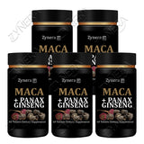 Five bottles of Zynera Maca + Panax Ginseng supplements on a white background