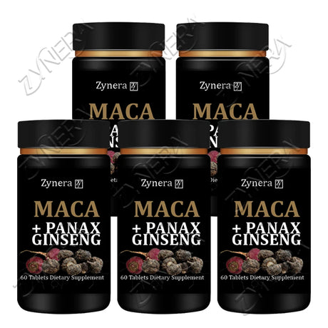 Five bottles of Zynera Maca + Panax Ginseng supplements on a white background