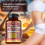 Fat burner supplement bottle with a woman measuring herself against a sunset beach background