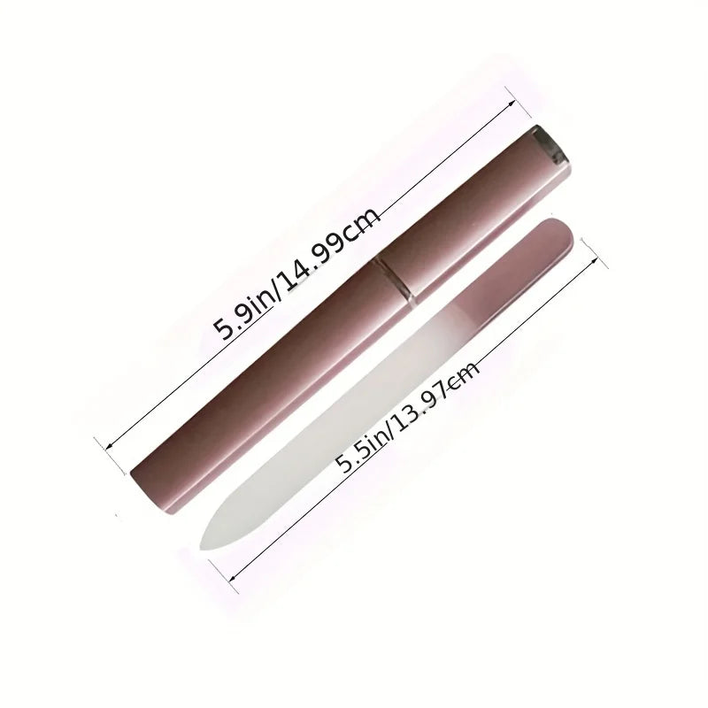 Rose gold nail file and case with measurements on a white background